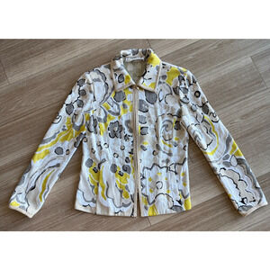 ST. JOHN Collection SP09 Santana Knit Zip Jacket Floral Abstract Beige Yellow M